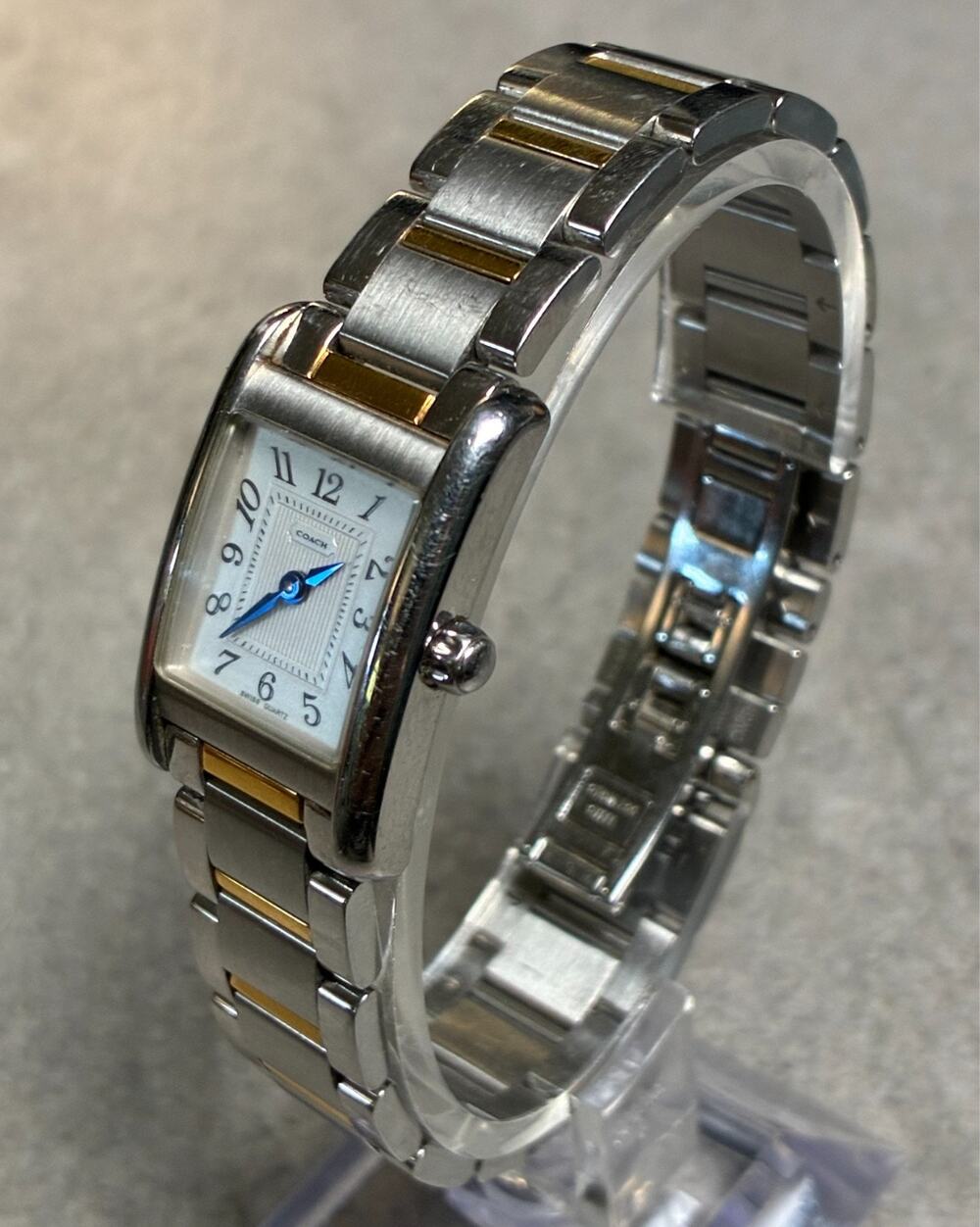 Coach Women's Tank Watch 19mm Silver Dial Two Tone 7" Blue Hands W002B Working